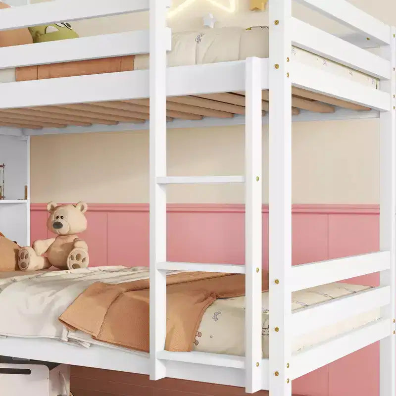 Twin over Twin Bunk Bed with Storage Shelves, 2-In-1 Rubber Wood Kids Bunk Beds with Safety Guardrails and Ladder, Twin Bed for Bedroom