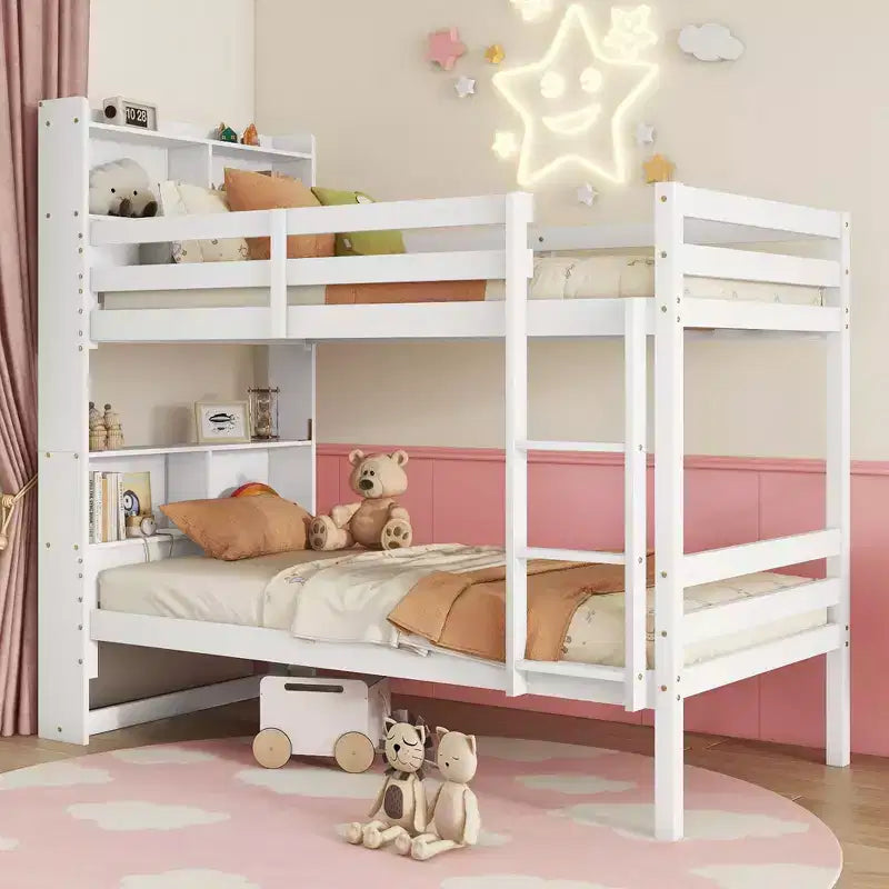 Twin over Twin Bunk Bed with Storage Shelves, 2-In-1 Rubber Wood Kids Bunk Beds with Safety Guardrails and Ladder, Twin Bed for Bedroom