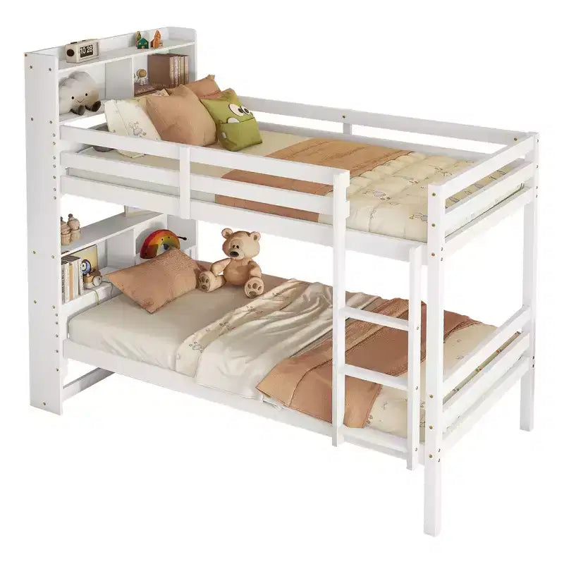 Twin over Twin Bunk Bed with Storage Shelves, 2-In-1 Rubber Wood Kids Bunk Beds with Safety Guardrails and Ladder, Twin Bed for Bedroom