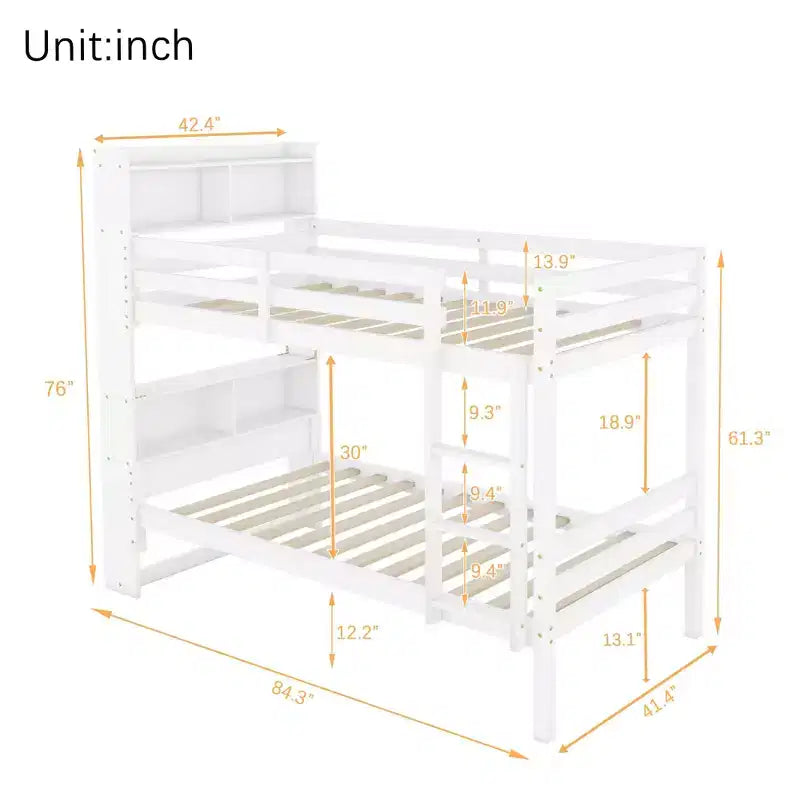 Twin over Twin Bunk Bed with Storage Shelves, 2-In-1 Rubber Wood Kids Bunk Beds with Safety Guardrails and Ladder, Twin Bed for Bedroom