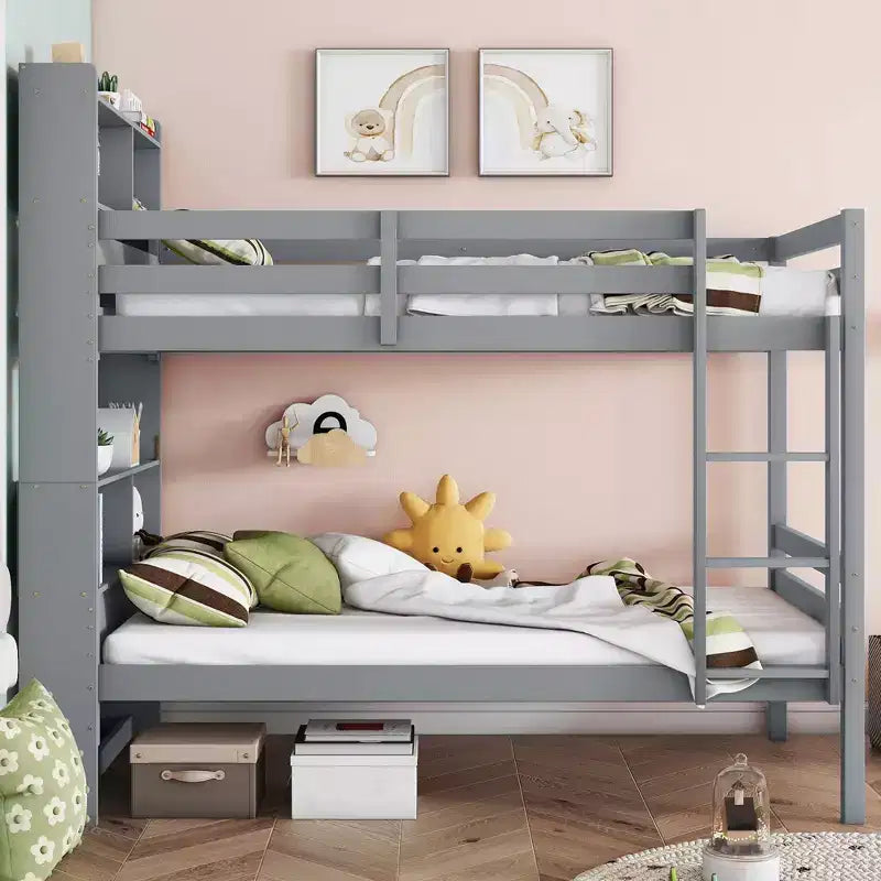Twin over Twin Bunk Bed with Storage Shelves, 2-In-1 Rubber Wood Kids Bunk Beds with Safety Guardrails and Ladder, Twin Bed for Bedroom