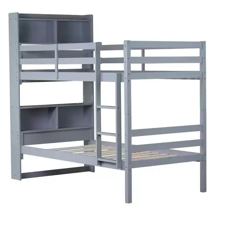 Twin over Twin Bunk Bed with Storage Shelves, 2-In-1 Rubber Wood Kids Bunk Beds with Safety Guardrails and Ladder, Twin Bed for Bedroom