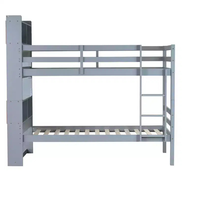 Twin over Twin Bunk Bed with Storage Shelves, 2-In-1 Rubber Wood Kids Bunk Beds with Safety Guardrails and Ladder, Twin Bed for Bedroom