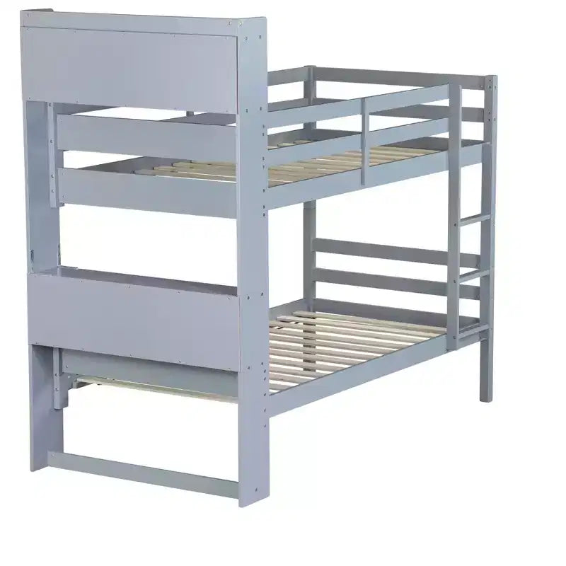 Twin over Twin Bunk Bed with Storage Shelves, 2-In-1 Rubber Wood Kids Bunk Beds with Safety Guardrails and Ladder, Twin Bed for Bedroom