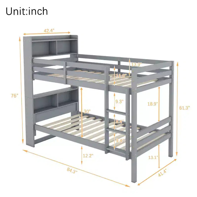 Twin over Twin Bunk Bed with Storage Shelves, 2-In-1 Rubber Wood Kids Bunk Beds with Safety Guardrails and Ladder, Twin Bed for Bedroom