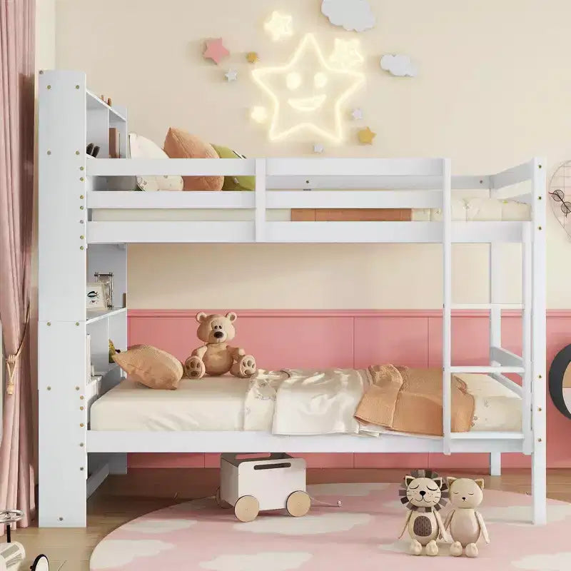 Twin over Twin Bunk Bed with Storage Shelves, 2-In-1 Rubber Wood Kids Bunk Beds with Safety Guardrails and Ladder, Twin Bed for Bedroom