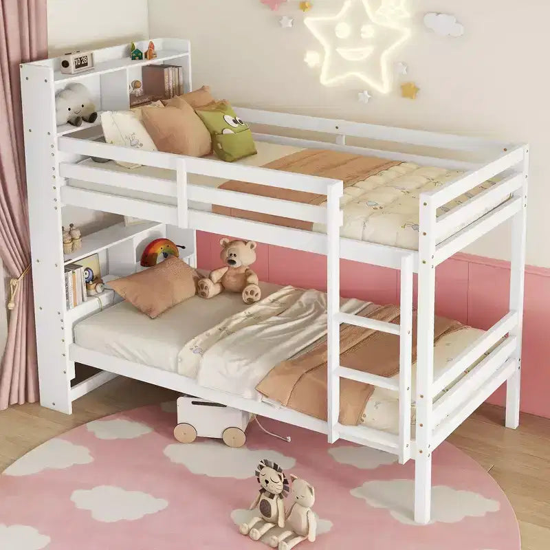 Twin over Twin Bunk Bed with Storage Shelves, 2-In-1 Rubber Wood Kids Bunk Beds with Safety Guardrails and Ladder, Twin Bed for Bedroom