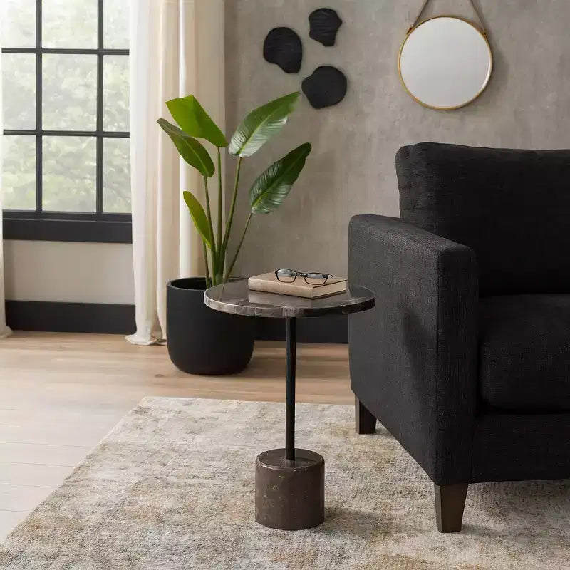 Side Table with Round Marble Top and Decorative Base - Modern Accent Piece for Small Spaces, Room Decor, and Home Decor - 21, Black & Brown