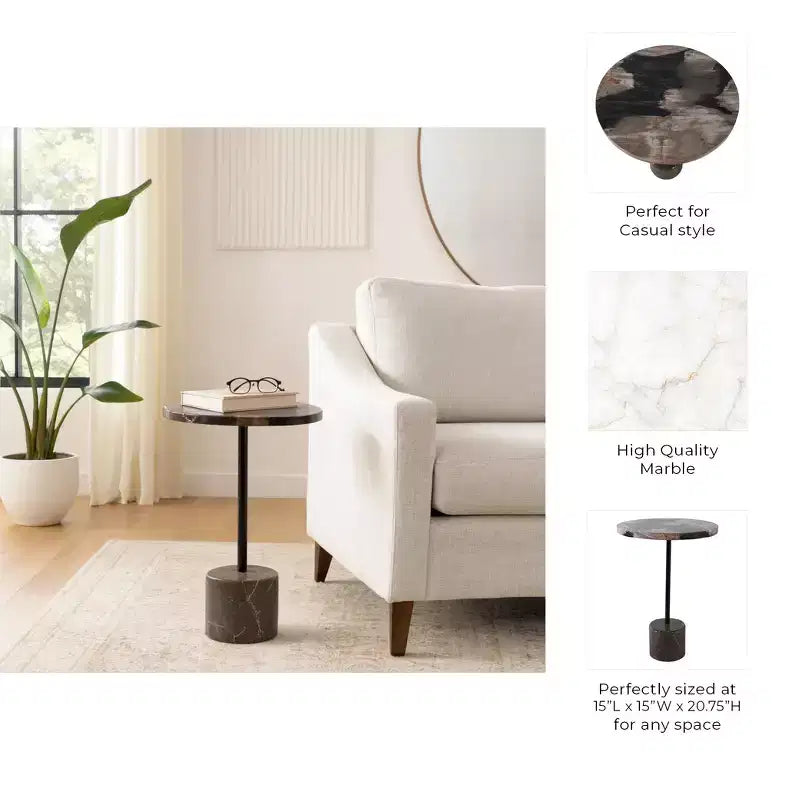 Side Table with Round Marble Top and Decorative Base - Modern Accent Piece for Small Spaces, Room Decor, and Home Decor - 21, Black & Brown