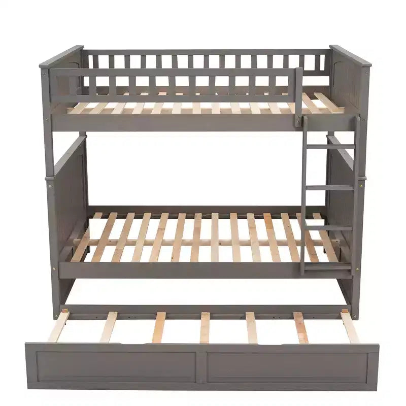 Full over Full Bunk Bed with Trundle, Full Size Wood Bunk Bed Frame for Kids and Teens