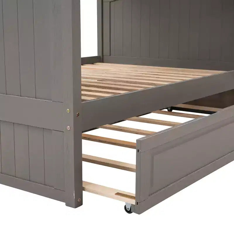 Full over Full Bunk Bed with Trundle, Full Size Wood Bunk Bed Frame for Kids and Teens