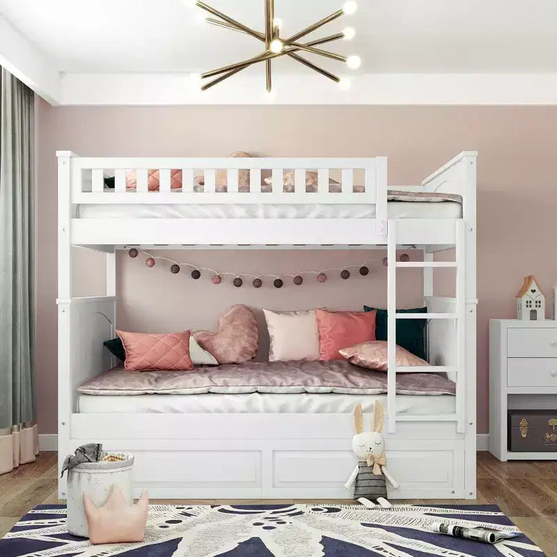 Full over Full Bunk Bed with Trundle, Full Size Wood Bunk Bed Frame for Kids and Teens