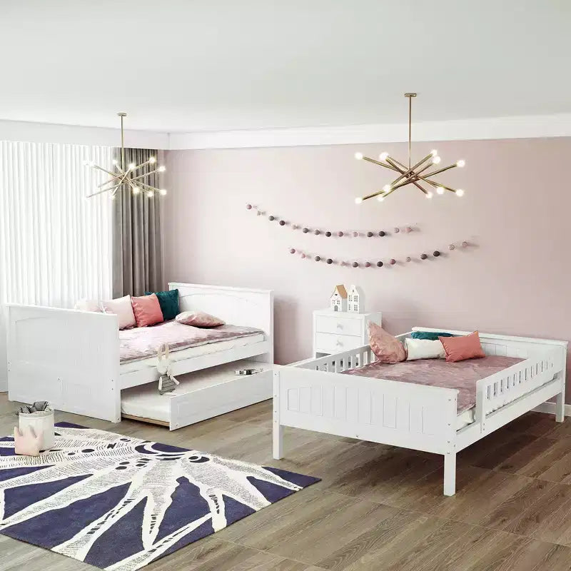 Full over Full Bunk Bed with Trundle, Full Size Wood Bunk Bed Frame for Kids and Teens