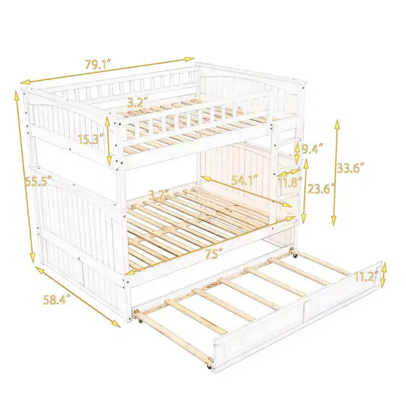 Full over Full Bunk Bed with Trundle, Full Size Wood Bunk Bed Frame for Kids and Teens