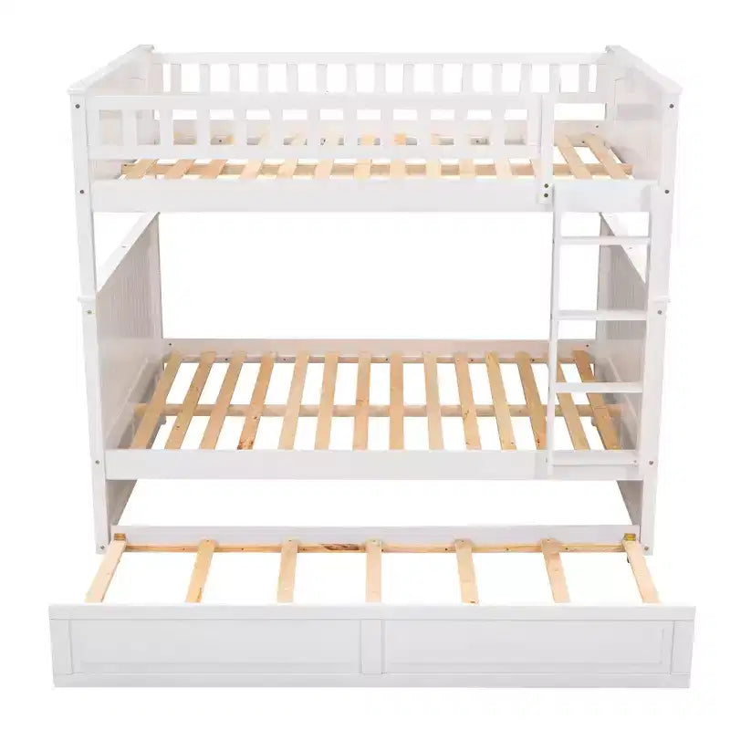 Full over Full Bunk Bed with Trundle, Full Size Wood Bunk Bed Frame for Kids and Teens