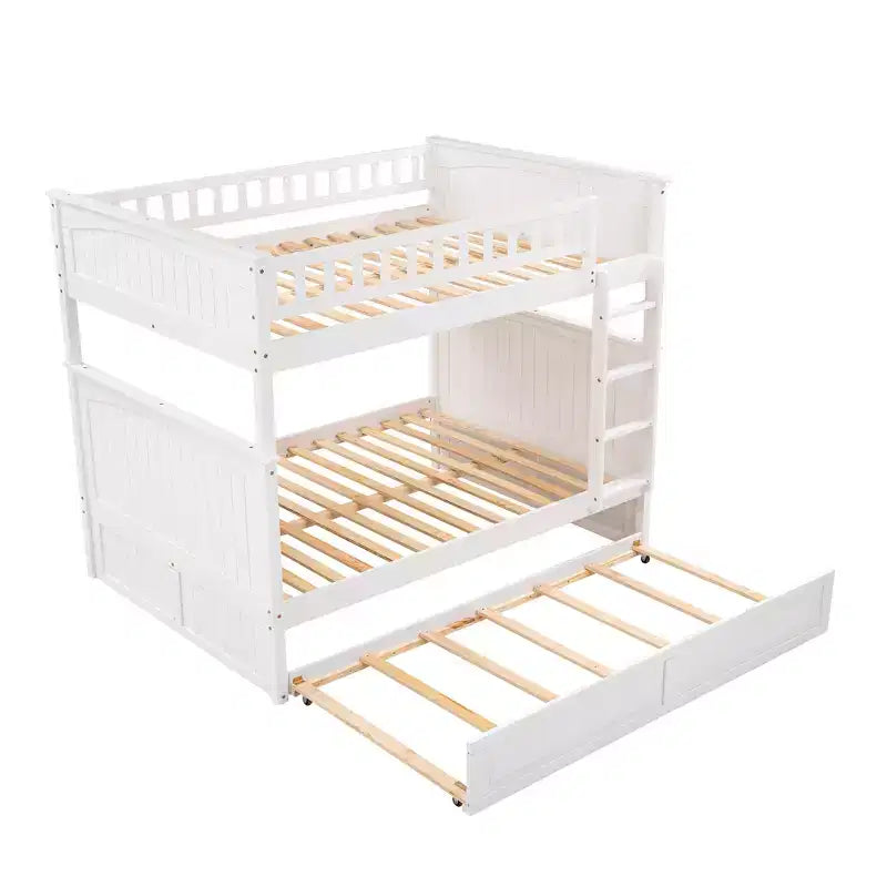 Full over Full Bunk Bed with Trundle, Full Size Wood Bunk Bed Frame for Kids and Teens