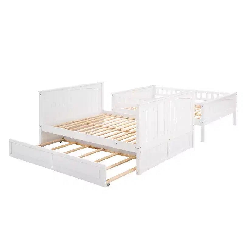 Full over Full Bunk Bed with Trundle, Full Size Wood Bunk Bed Frame for Kids and Teens
