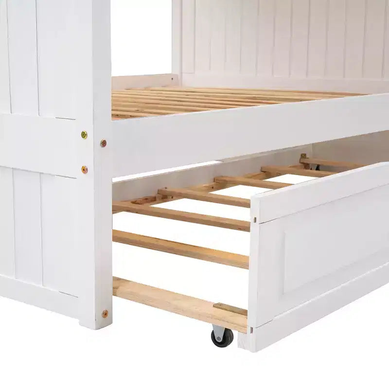 Full over Full Bunk Bed with Trundle, Full Size Wood Bunk Bed Frame for Kids and Teens
