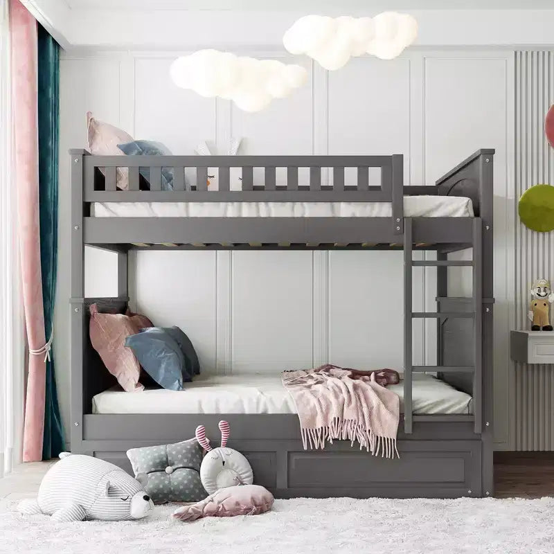 Full over Full Bunk Bed with Trundle, Full Size Wood Bunk Bed Frame for Kids and Teens