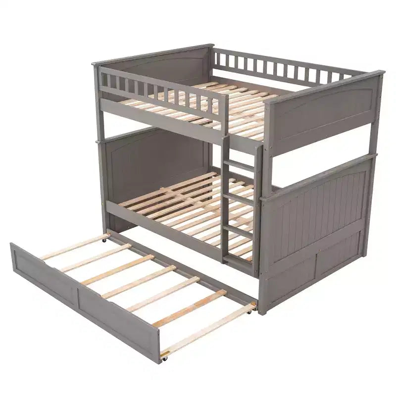 Full over Full Bunk Bed with Trundle, Full Size Wood Bunk Bed Frame for Kids and Teens
