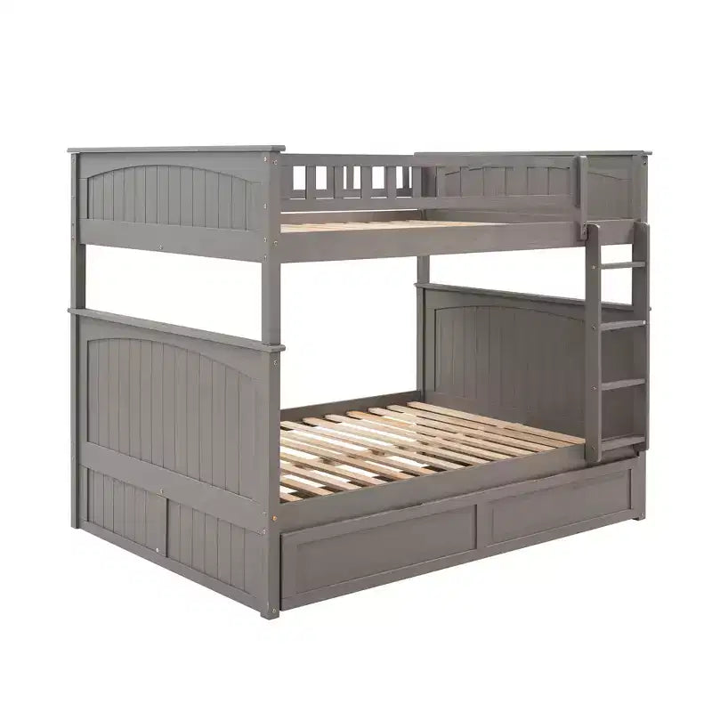 Full over Full Bunk Bed with Trundle, Full Size Wood Bunk Bed Frame for Kids and Teens