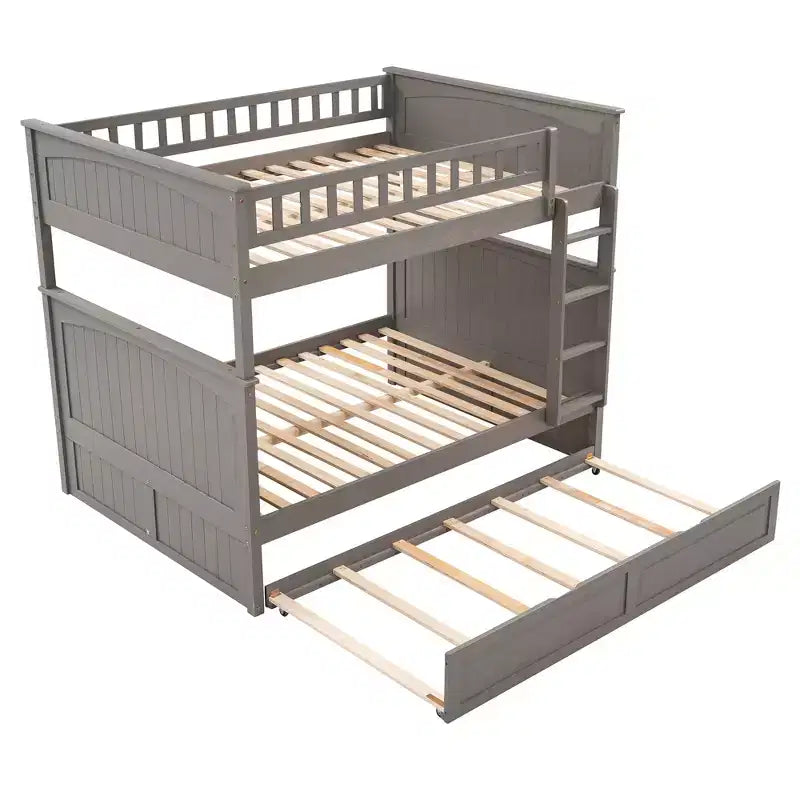 Full over Full Bunk Bed with Trundle, Full Size Wood Bunk Bed Frame for Kids and Teens