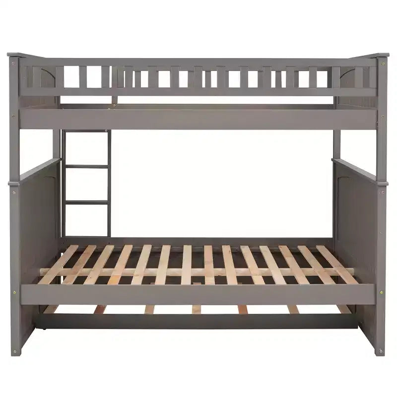 Full over Full Bunk Bed with Trundle, Full Size Wood Bunk Bed Frame for Kids and Teens
