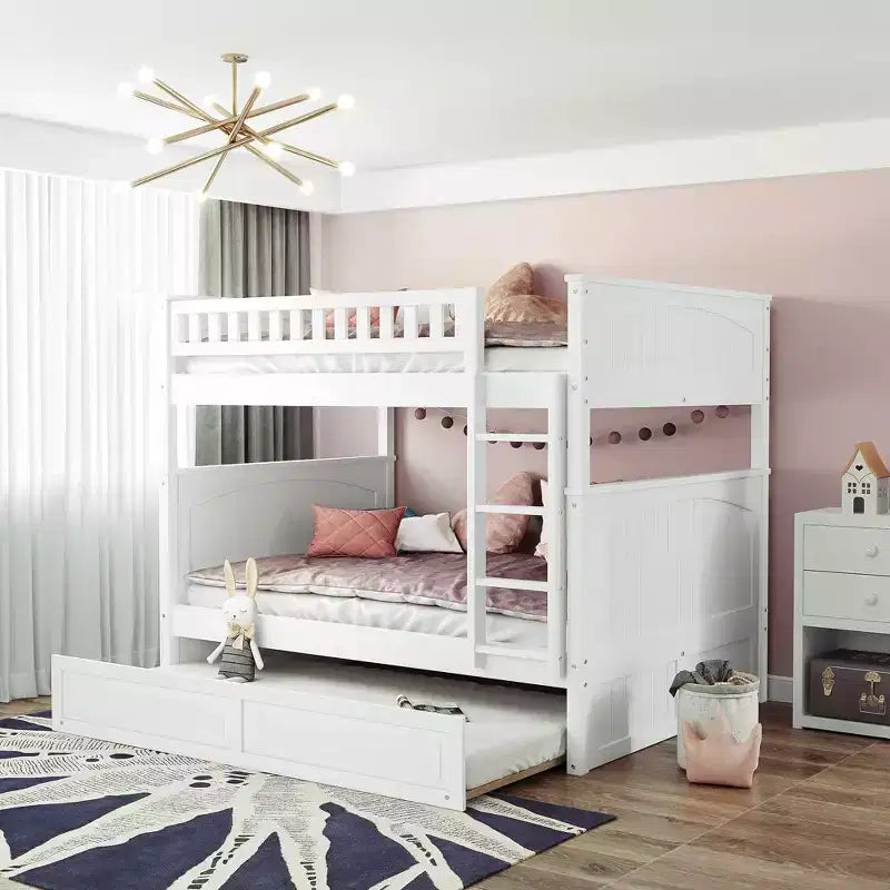 Full over Full Bunk Bed with Trundle, Full Size Wood Bunk Bed Frame for Kids and Teens