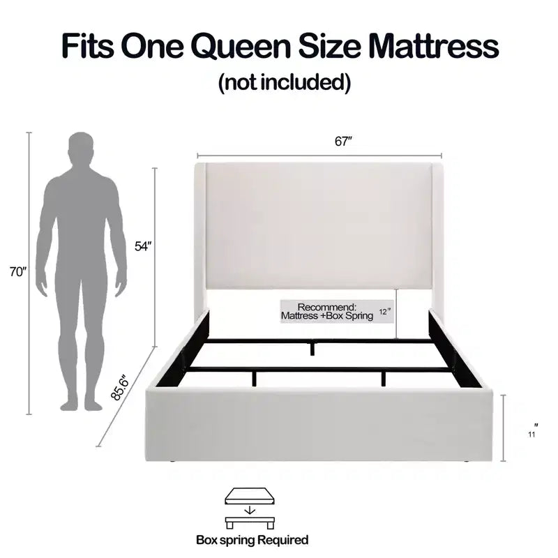 Modern Chenille Upholstered Wingback Bed - 52.3" Headboard, Metal Frame, Box Spring Required, Queen & King