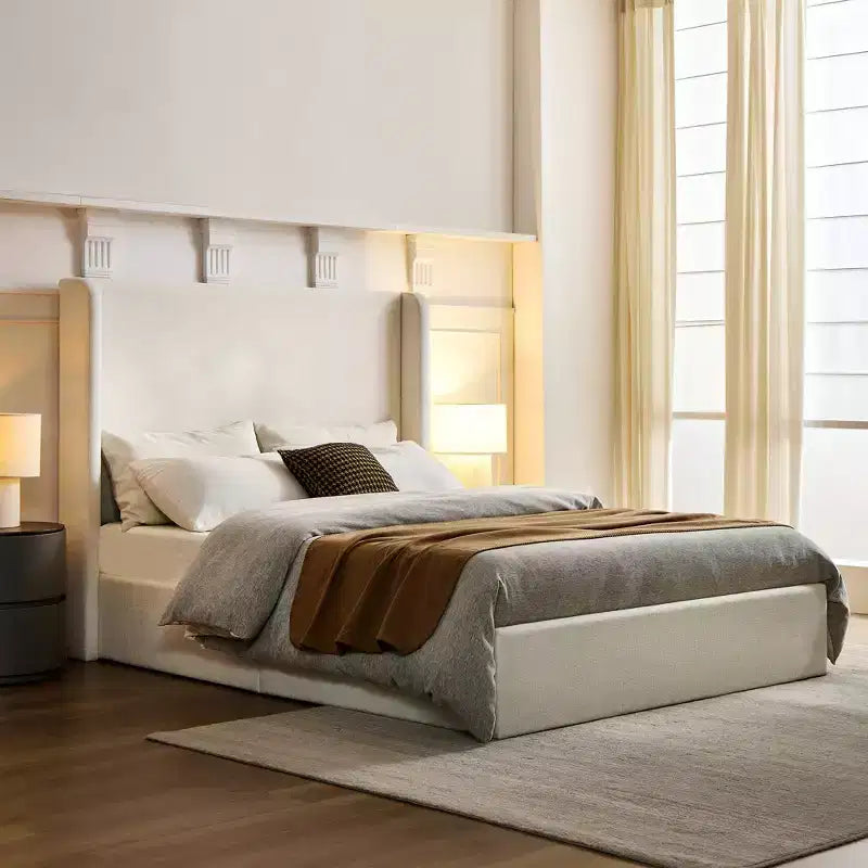 Modern Chenille Upholstered Wingback Bed - 52.3" Headboard, Metal Frame, Box Spring Required, Queen & King