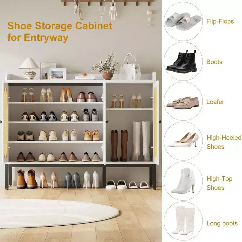 White 6-Tier Shoe Cabinet with 3 Rattan Doors (46.1W x 13.9D x 28.7H) - Freestanding Entryway & Living Room Organizer