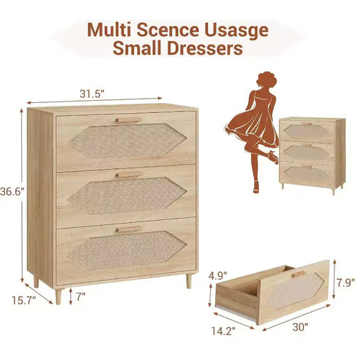 Commode 3 tiroirs en rotin, commode rustique en bois de chêne avec façades tissées, meuble de rangement moderne pour chambre, salon ou entrée