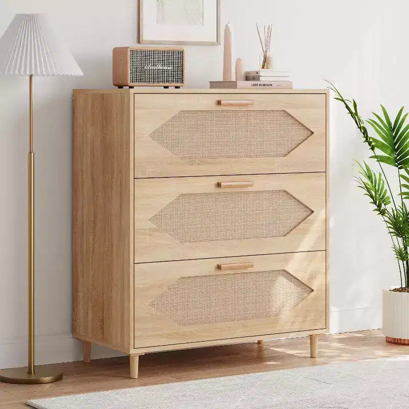 3 Drawer Rattan Dresser, Rustic Oak Wood Chest of Drawers with Woven Fronts, Modern Storage Cabinet for Bedroom, Living Room, or Entryway