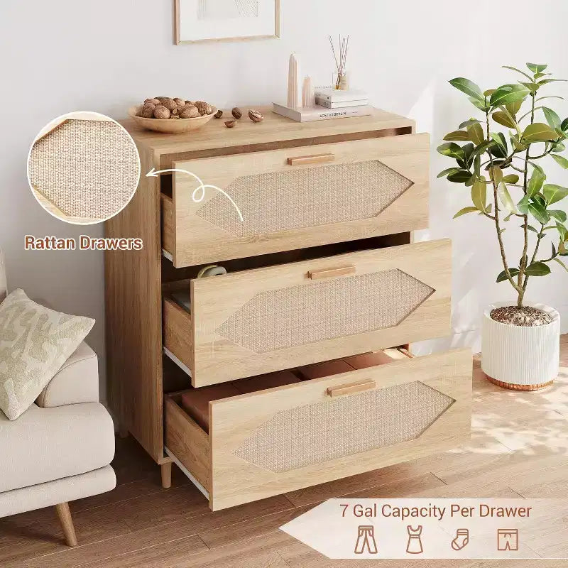 3 Drawer Rattan Dresser, Rustic Oak Wood Chest of Drawers with Woven Fronts, Modern Storage Cabinet for Bedroom, Living Room, or Entryway