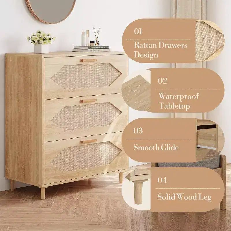3 Drawer Rattan Dresser, Rustic Oak Wood Chest of Drawers with Woven Fronts, Modern Storage Cabinet for Bedroom, Living Room, or Entryway