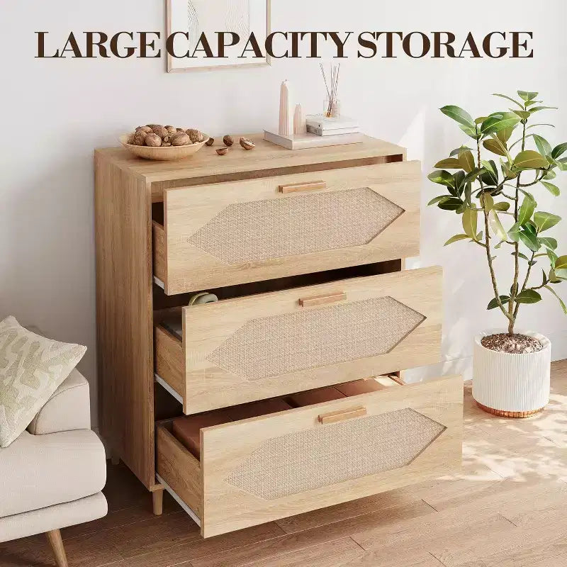 3 Drawer Rattan Dresser, Rustic Oak Wood Chest of Drawers with Woven Fronts, Modern Storage Cabinet for Bedroom, Living Room, or Entryway