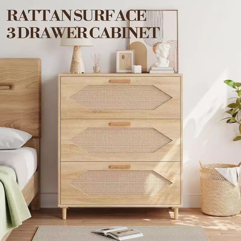 3 Drawer Rattan Dresser, Rustic Oak Wood Chest of Drawers with Woven Fronts, Modern Storage Cabinet for Bedroom, Living Room, or Entryway