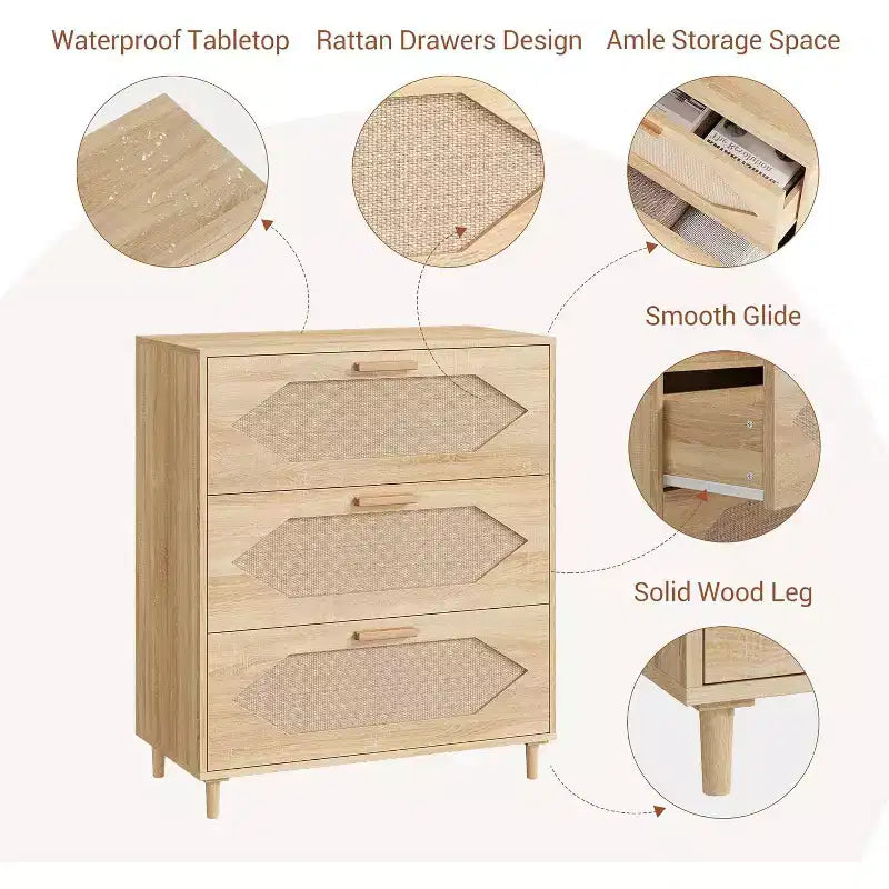 3 Drawer Rattan Dresser, Rustic Oak Wood Chest of Drawers with Woven Fronts, Modern Storage Cabinet for Bedroom, Living Room, or Entryway