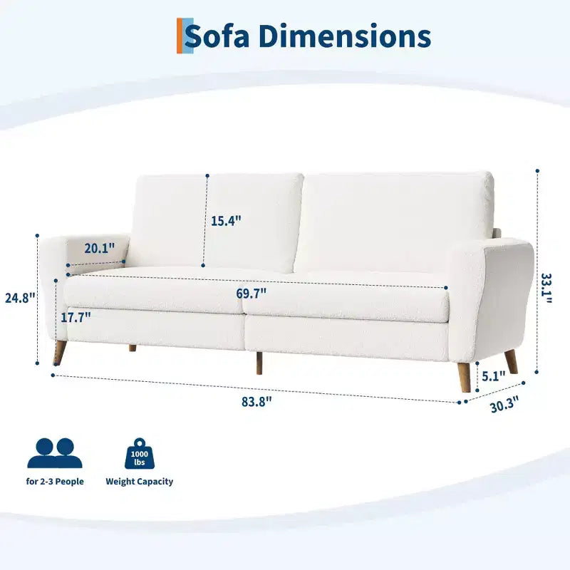 84 Inch Modern Sofa Couch, Large 3-Seater Sofa with Streamlined Armrests, Boucle Loveseat Wood Feet, Comfy Couch for Living Room, Apartment, Lounge