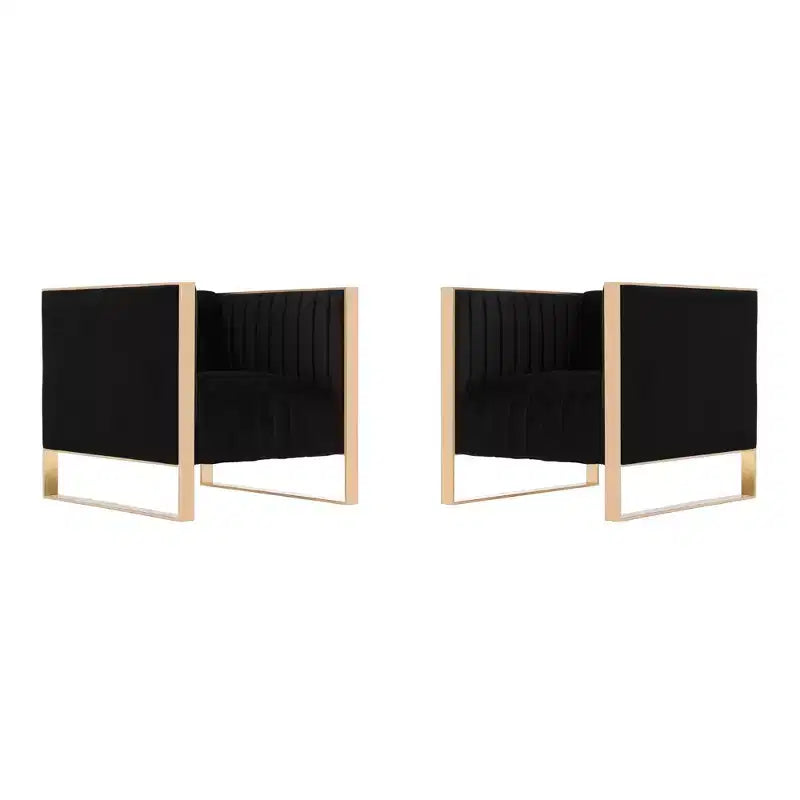 Set of 2 Mid-Century Modern Velvet Accent Chairs - Gold Finish Metal Frame, Vertical Channel Stitching, 300 lb Capacity, Black