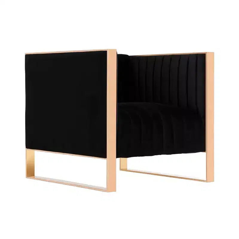 Set of 2 Mid-Century Modern Velvet Accent Chairs - Gold Finish Metal Frame, Vertical Channel Stitching, 300 lb Capacity, Black