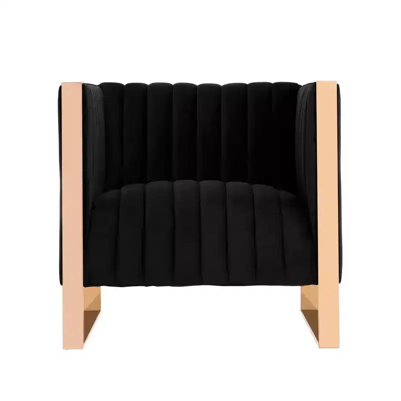 Set of 2 Mid-Century Modern Velvet Accent Chairs - Gold Finish Metal Frame, Vertical Channel Stitching, 300 lb Capacity, Black