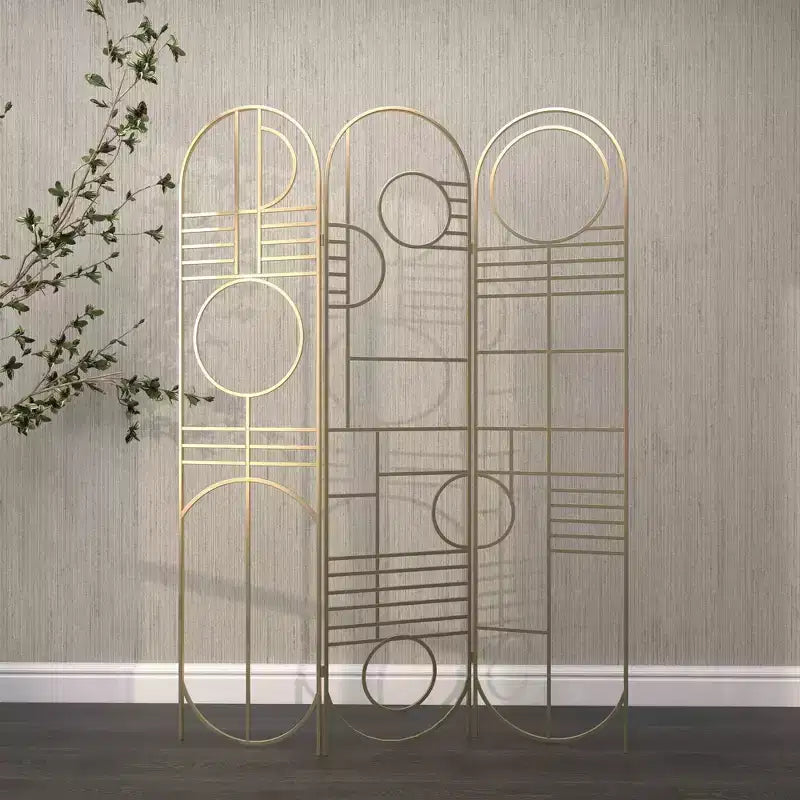 Modern Metal Room Divider Screen Gold: Iron Frame, No Assembly, 3-Panel Design