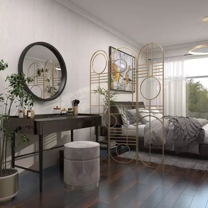 Modern Metal Room Divider Screen Gold: Iron Frame, No Assembly, 3-Panel Design