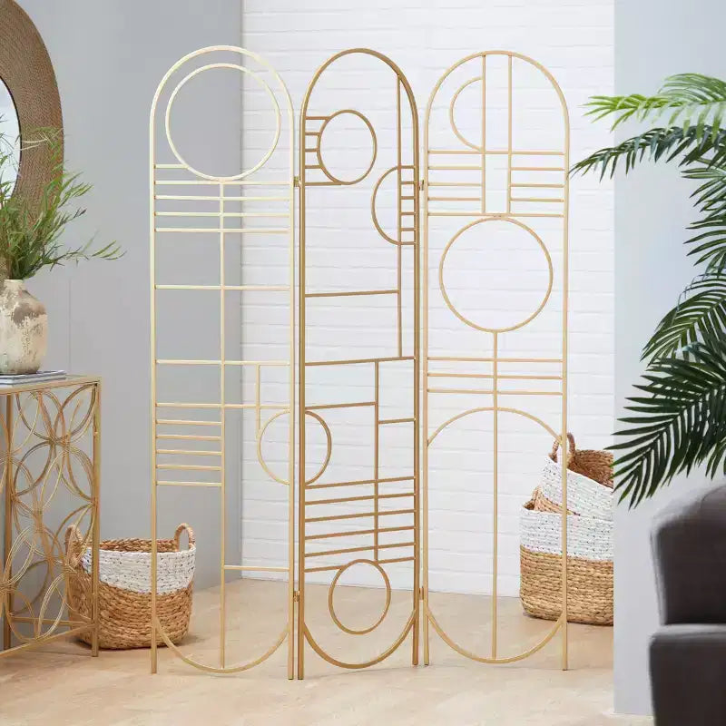 Modern Metal Room Divider Screen Gold: Iron Frame, No Assembly, 3-Panel Design