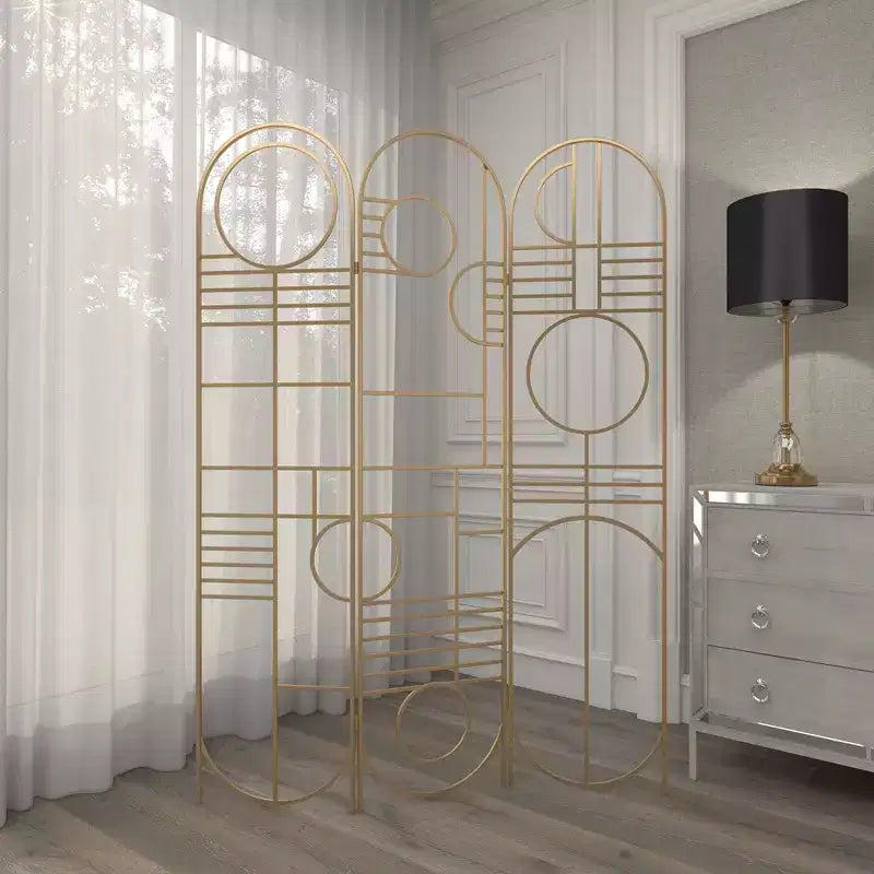 Modern Metal Room Divider Screen Gold: Iron Frame, No Assembly, 3-Panel Design