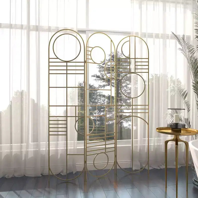 Modern Metal Room Divider Screen Gold: Iron Frame, No Assembly, 3-Panel Design