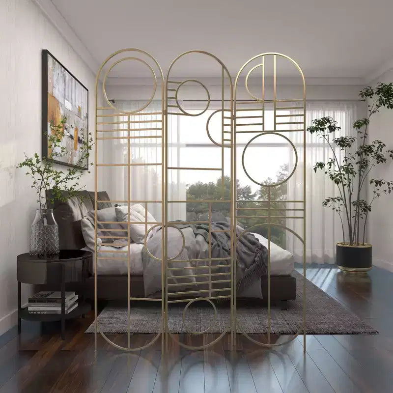 Modern Metal Room Divider Screen Gold: Iron Frame, No Assembly, 3-Panel Design