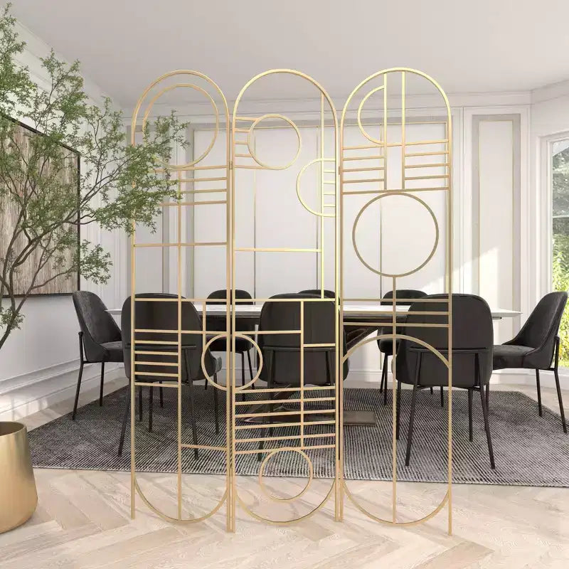 Modern Metal Room Divider Screen Gold: Iron Frame, No Assembly, 3-Panel Design