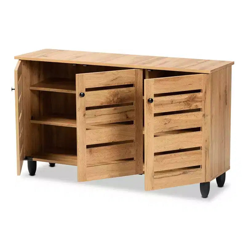 3 Door Shoe Cabinet, Oak Brown/Black - Nautical Style, 6 Fixed Shelves, Wood Frame